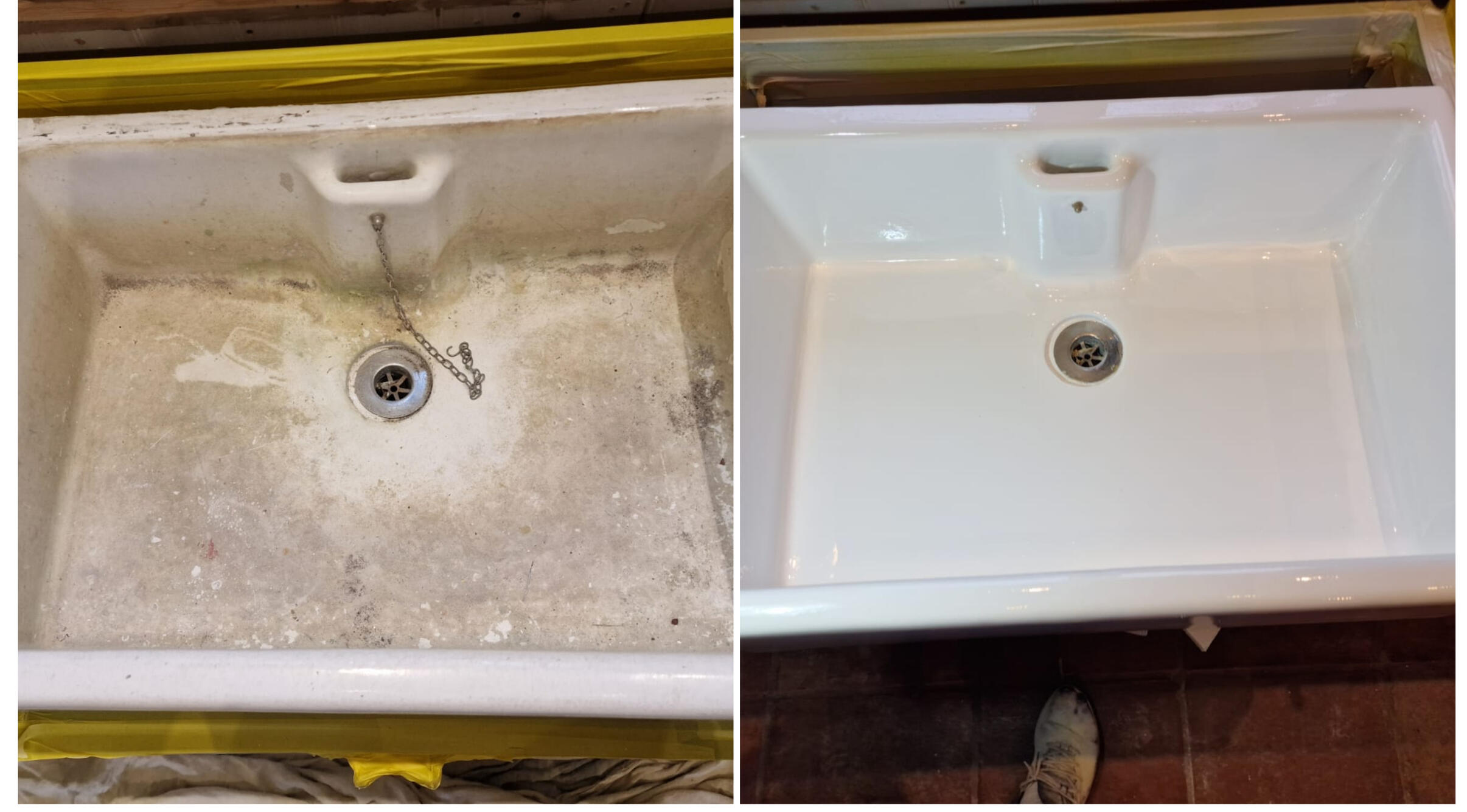 BELFAST KITCHEN SINK RESTORED IN Somerset BEFORE AND AFTER PHOTOS OF A KITCHEN CERAMIC BELFAST SINK, WAS DAMAGED AND FULL OF CHIPS, FULLY RESORED TO A LIKE NEW FINISH IN FROME