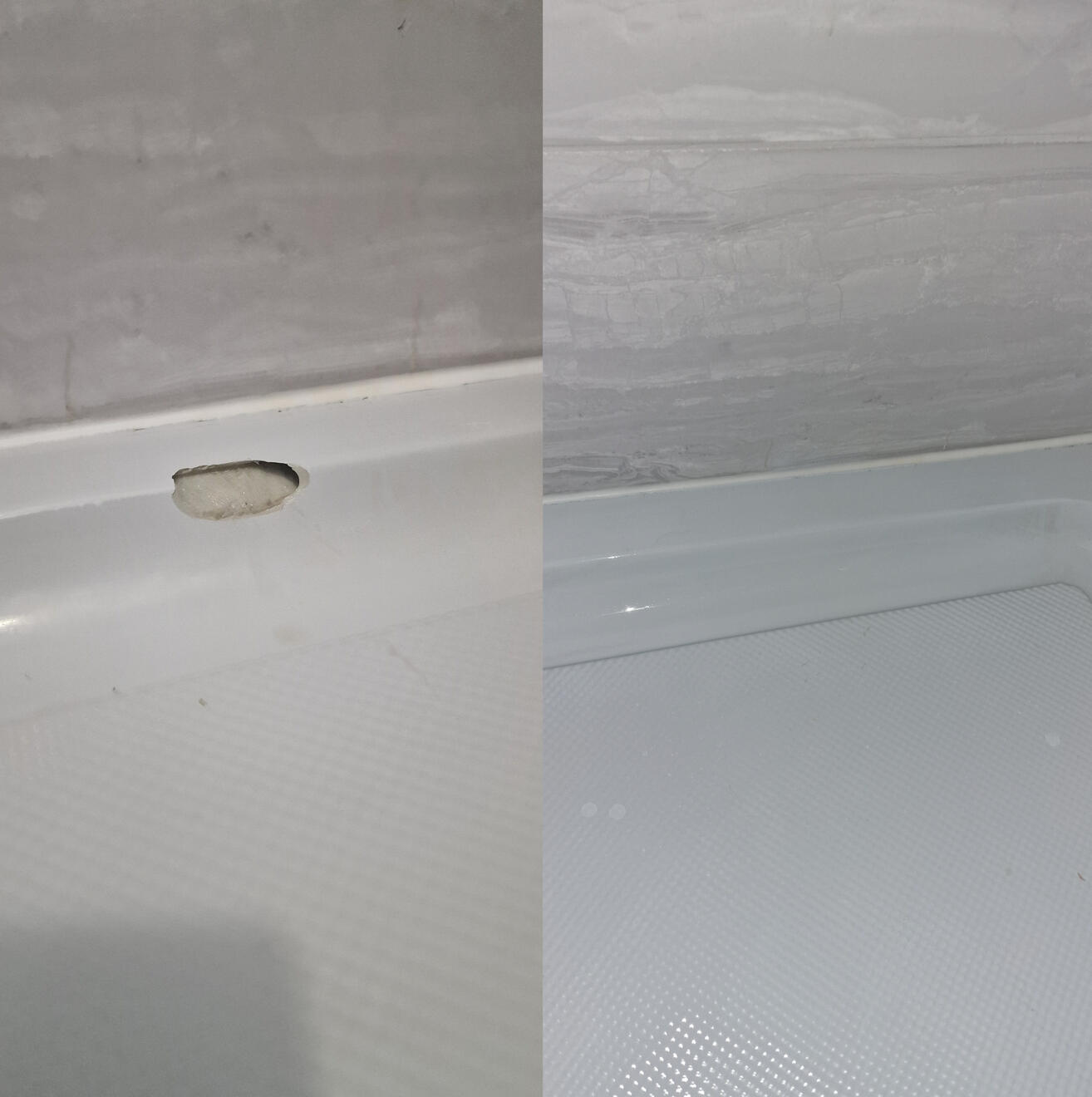 BEFORE AND AFTER PICTURES OF A STONE RESIN SHOWER TRAY CHIP REPAIR IN A Bridgewater HOTEL
