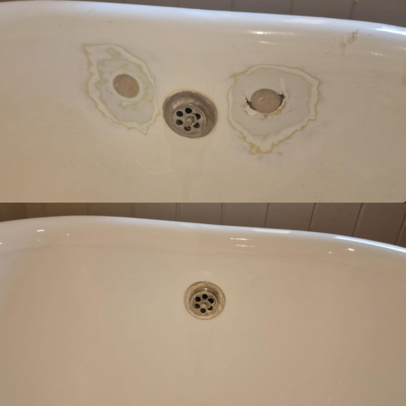 BEFORE AND AFTER PICTURES OF A CAST IRON BATH TAP HOLES FILLED AND REPAIRED IN CENTER OF TAUNTON