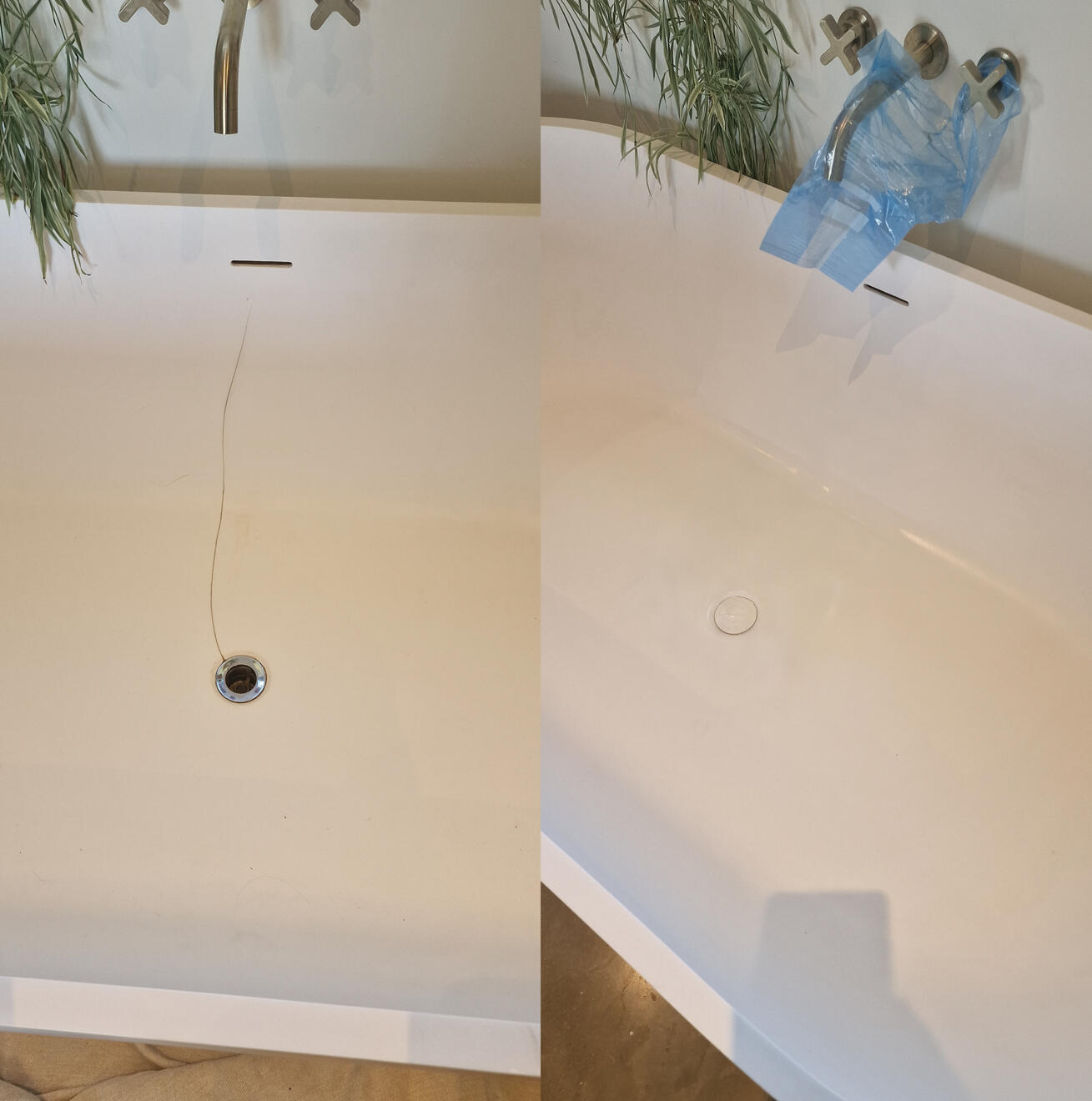 before and after pictures of a stone resin acrylic bath crack repair before and after pictures of a stone resin acrylic bath crack repair in a Glastonbury home