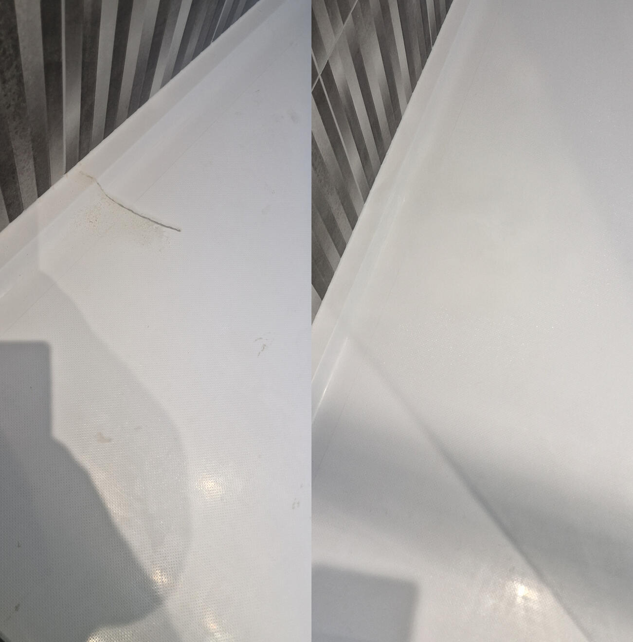 before and after pictures of a stone resin acrylic shower tray crack repair in Street