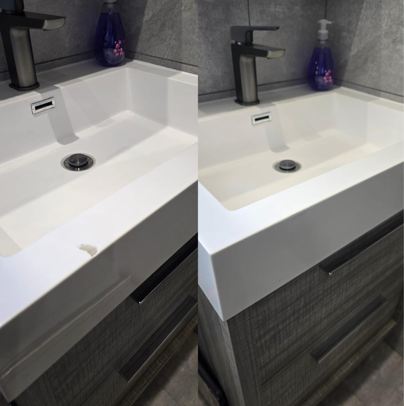 BEFORE AND AFTER PICTURES OF A COMPOSITE BATHROOM BASIN CHIP REPAIR IN FROME AIR BNB