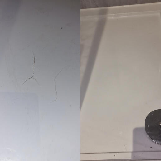 before and after pic of shower tray crack repair completed in Bridgewater Somerset