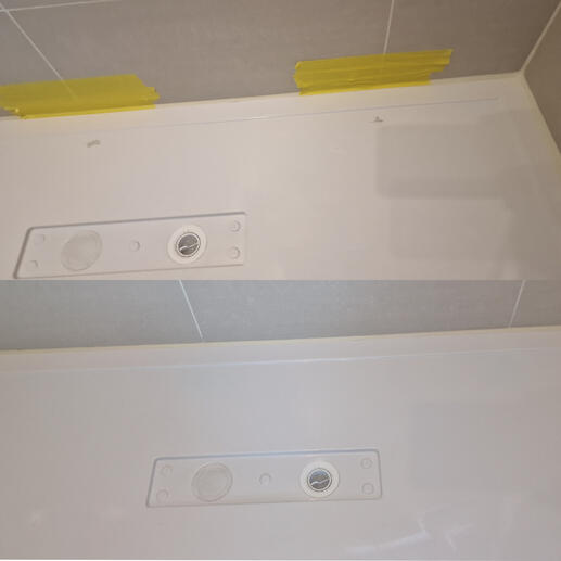 before and after pic of an acrylic shower tray chip repair completed in Bath city