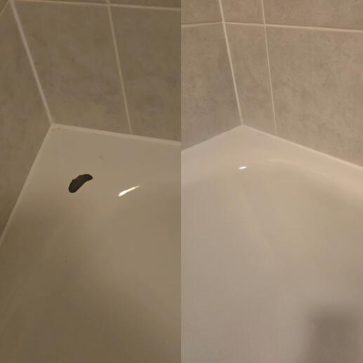 before and after pic of a steel bath chip repair completed in Bath city