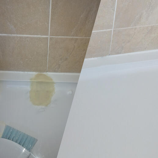 before and after pic of a shower tray crack repair completed in Weston-Super-Mare