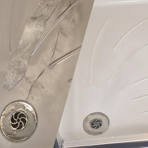 before and after pic of a shower tray crack repair completed in Weston-Super-Mare