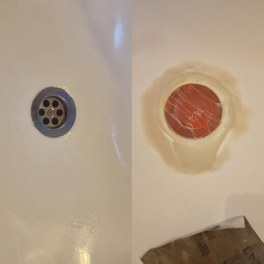 before and after pic of a steel bath rust Repair completed in Yeovil