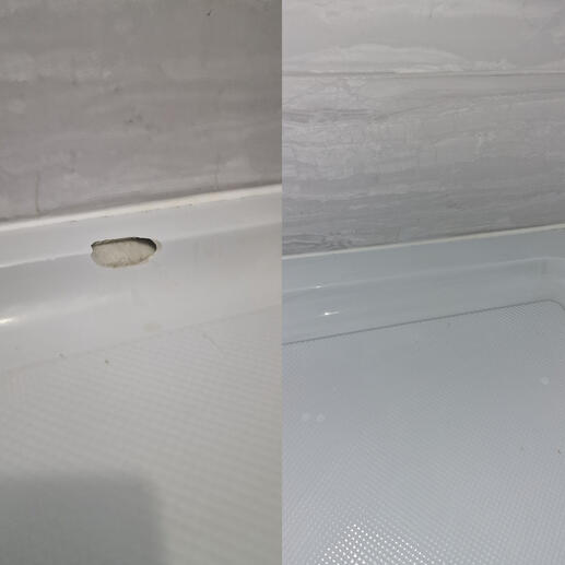 before and after pic of shower tray chip repair completed in Bridgewater Somerset
