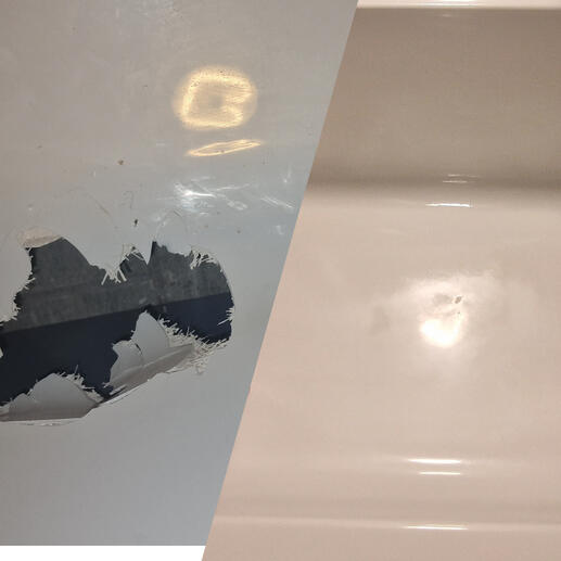 before and after pic of a shower tray crack repair completed in Weston-Super-Mare