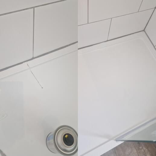before and after pic of shower tray crack repair completed in Bridgewater Somerset