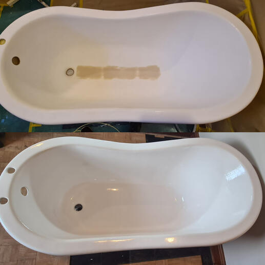 before and after pic of a cast iron bath crack repair completed in Weston-Super-Mare
