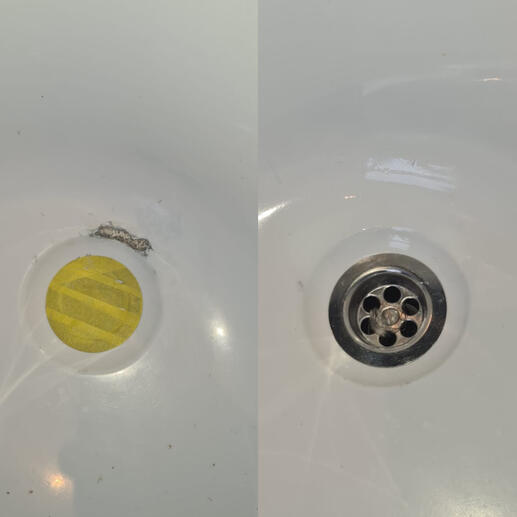 before and after pic of a steel bath chip repair completed in Taunton