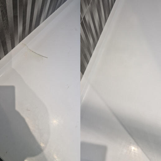 before and after pic of shower tray crack repair completed in Bridgewater Somerset