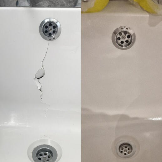 before and after pic of an acrylic bath crack repair Taunton