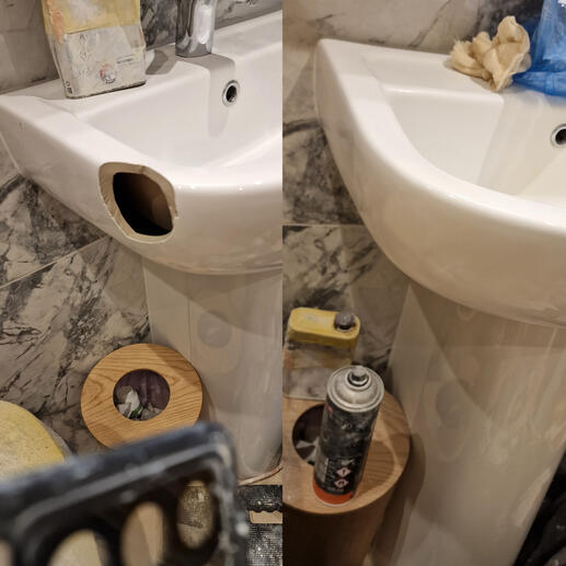 before and after pic of a sink crack Repair completed in Yeovil