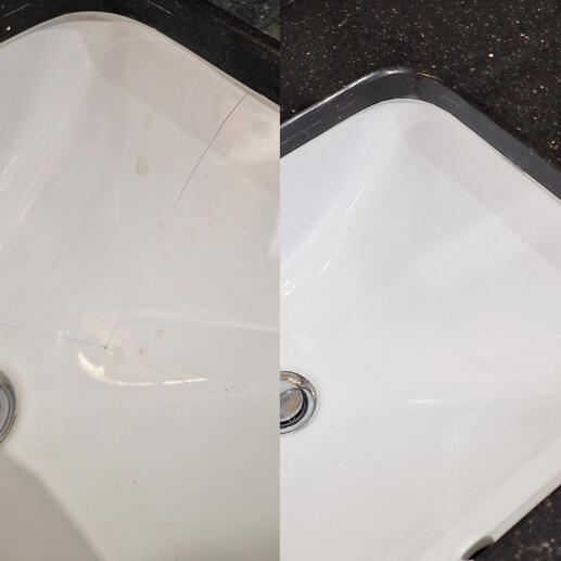 before and after pic of a ceramic sink crack repair completed in Bath city Somerset